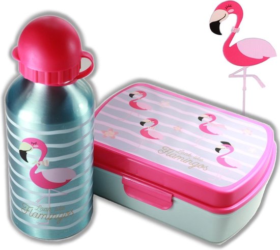 Flamingo + aluminium drinkfles Blauw | Lunchbox meisje LS11 | bol.com