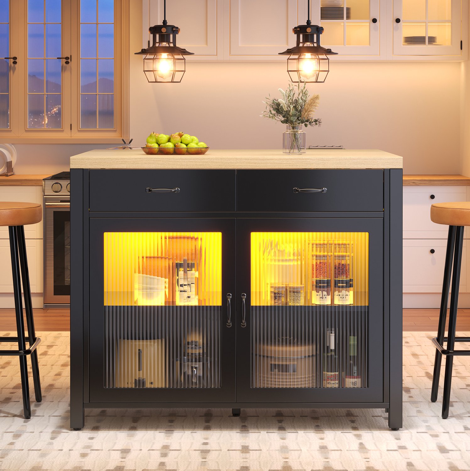 Maisentiel Zwart keukeneiland met lades en glazen deur - 100 x 80 x 90 cm