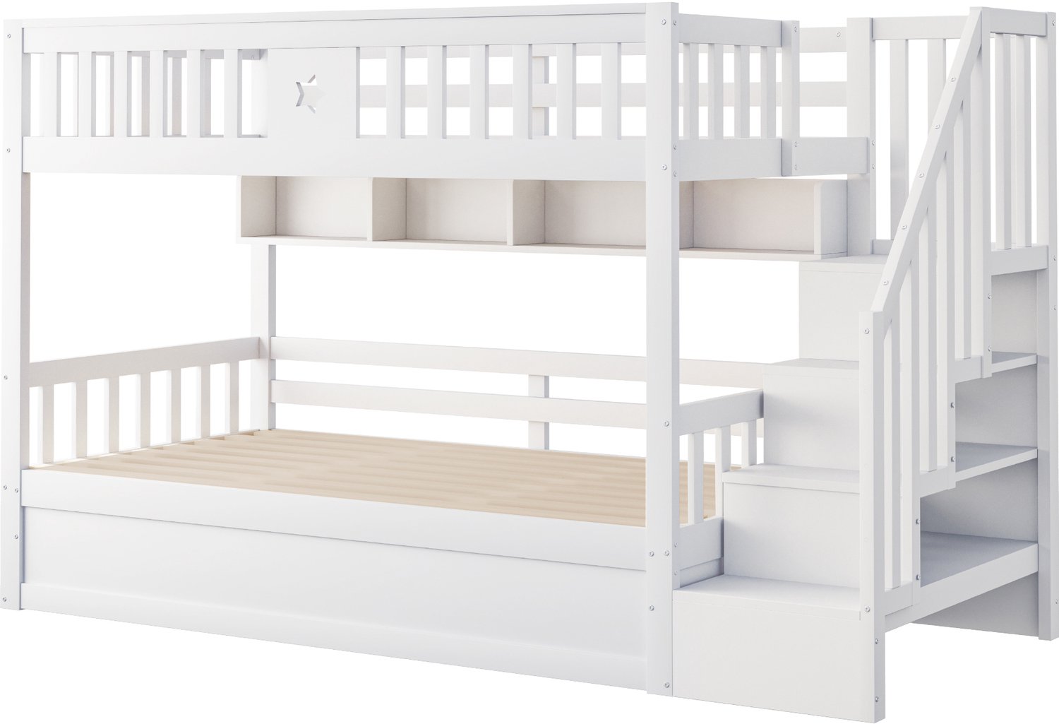 MUVANO Wit houten stapelbed 90x200 cm - Met hydraulisch onderbed, opbergtrap en planken - Hoge uitvalbeveiliging - Sterversiering - Voor de slaapkamer