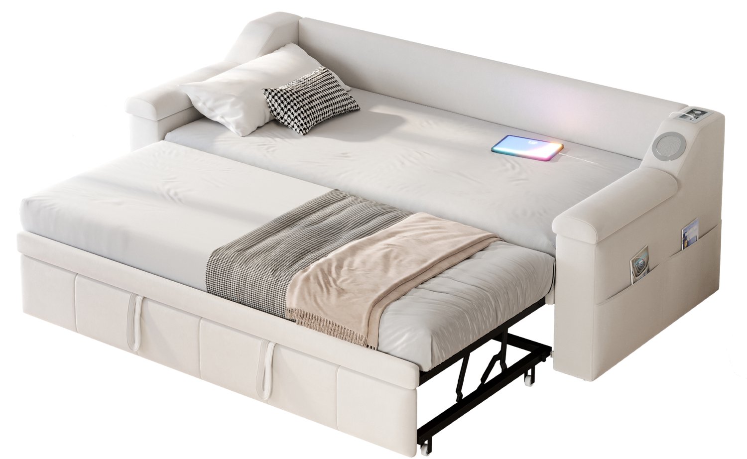 MUVANO Beige fluwelen slaapbank - Uitschuifbaar 90/180 x 190 cm - Bluetooth en USB-oplaadpoort - Opbergvakken - Lattenbodem - Voor woonkamer en logeerkamer