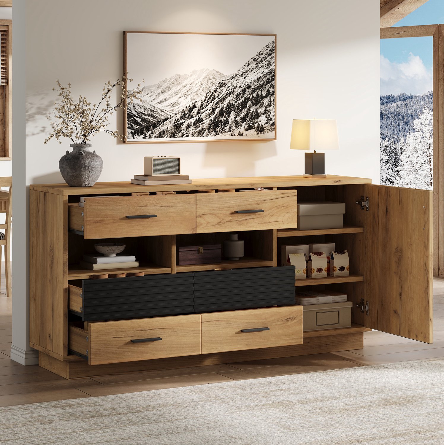 DESMIU Dressoir - 6 Lades en 1 Deur met 12 Opbergruimtes - voor Woonkamer, Hal en Keuken - MDF in Eikenkleur en Zwart - 140 x 35 x 70 cm Naturel hout