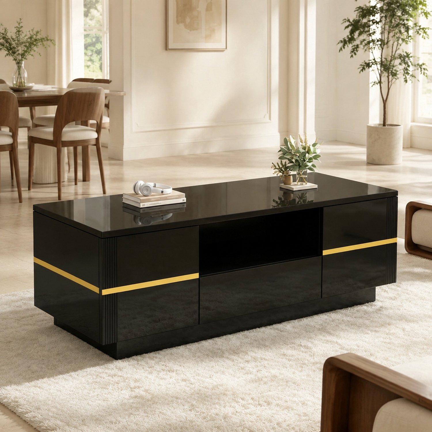MODENUIT Salontafel - Hoogglans met Lade en Twee Deuren - Woonkamer - MDF - Zwart met Goud - 100x50x35,5 cm Zwart met gouden accenten