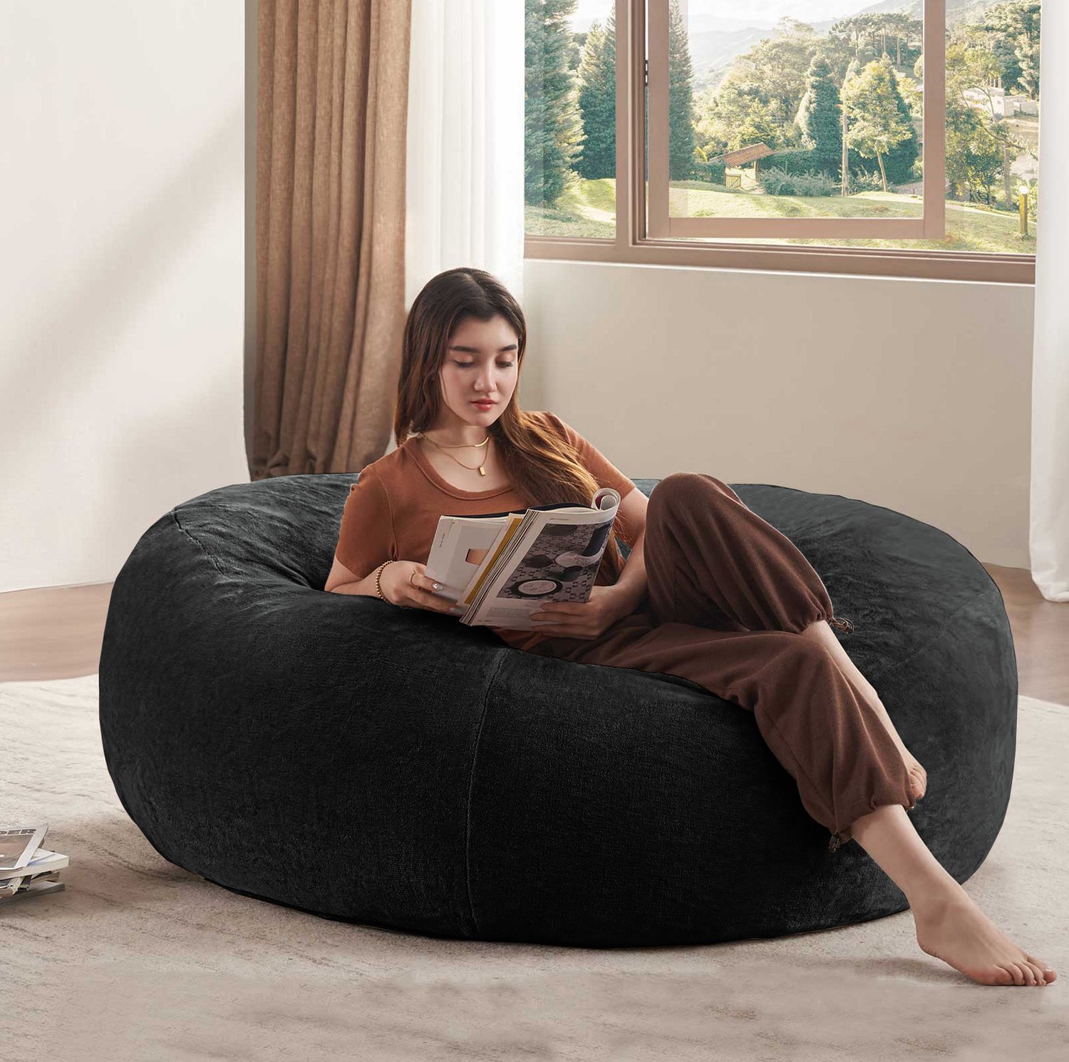 STILVORA Zitzak 120 x 120 x 60 cm - Rond Met Traagschuimvulling - Voor Lezen En Ontspannen In Woonkamer En Slaapkamer - Flanel - Zwart