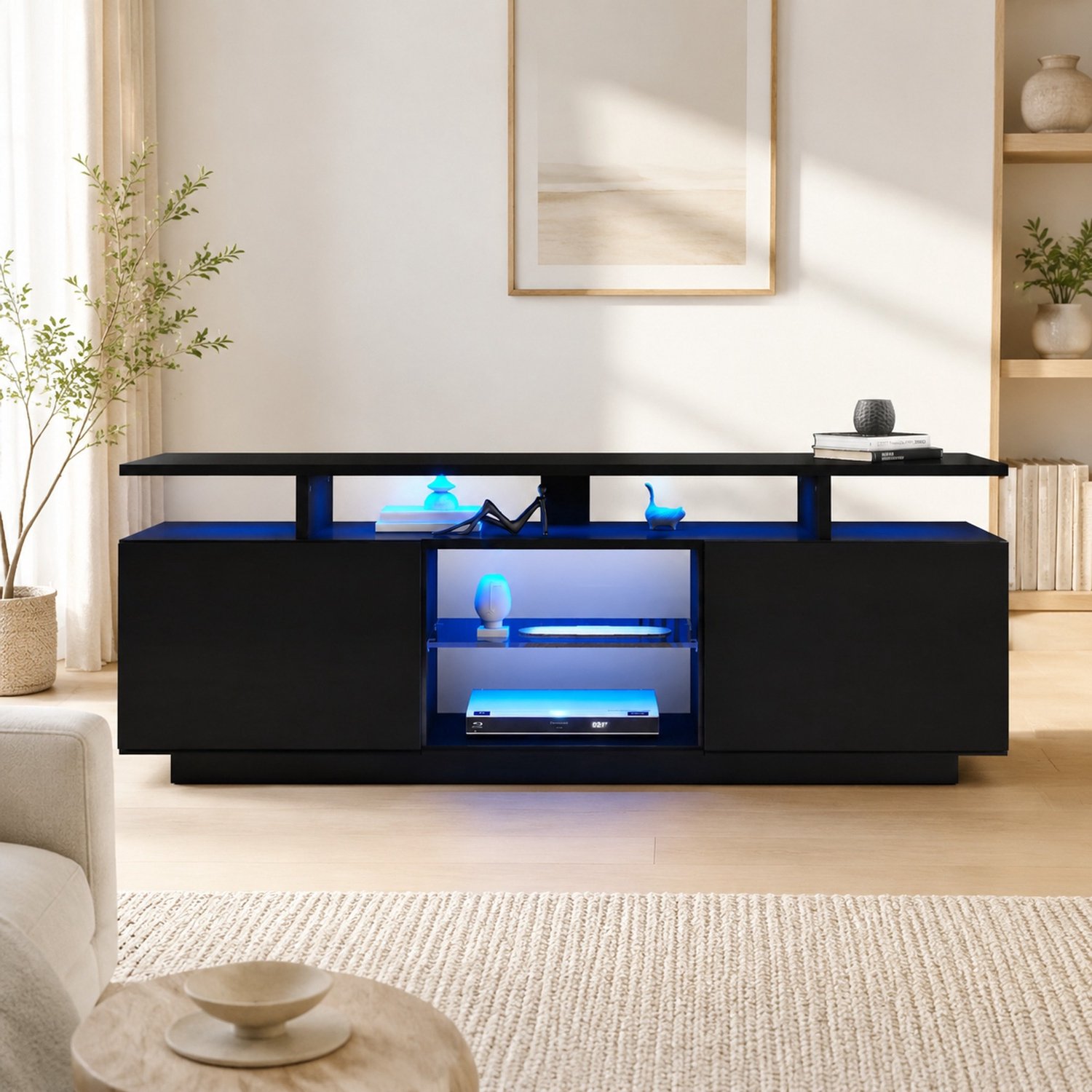 Maisentiel Zwart tv-meubel 140 cm met appgestuurde ledverlichting, 2 deuren en 5 open vakken