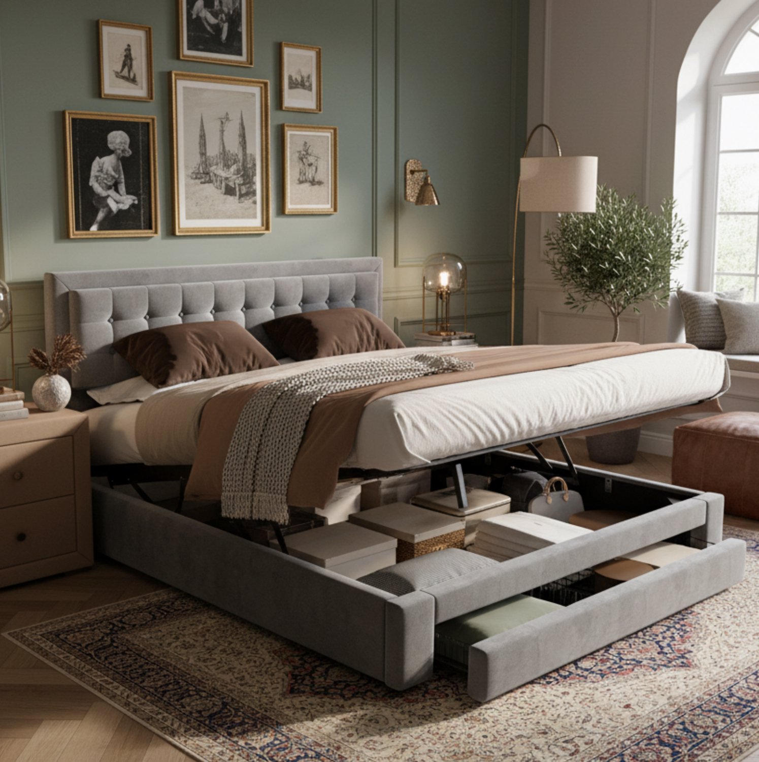 Maisentiel Gestoffeerd tweepersoonsbed 180 x 200 cm - grijs fluweel - opbergruimte