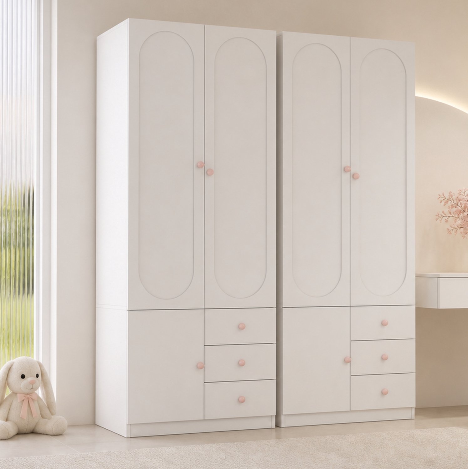 HAUSS SPOLE Kledingkast Set Van 2 - Twee Deuren En Drie Lades - Met Kledingroede Voor Kinderkamer - Wit Gelakt MDF - 80x50x200 Cm Per Kast