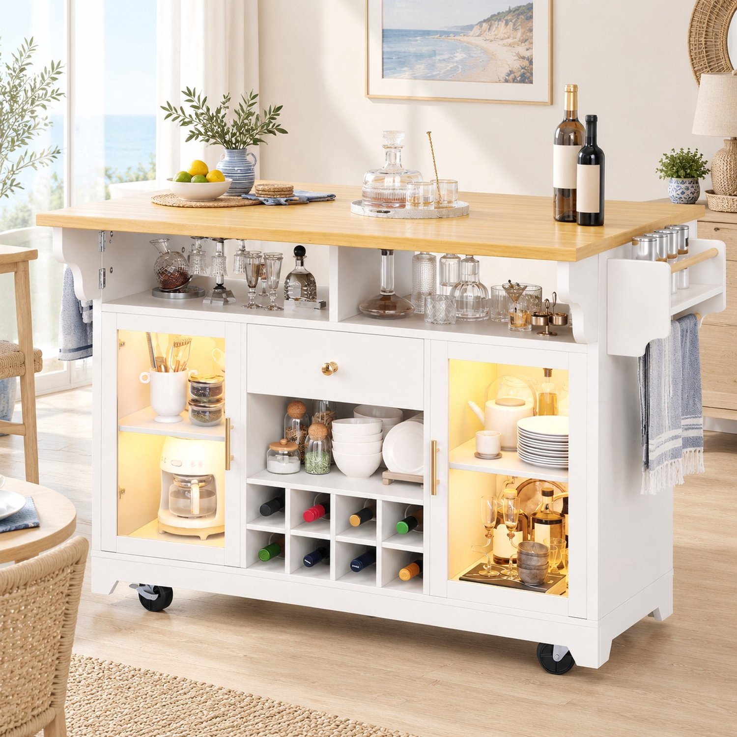 Maisentiel Witte serveerwagen met opklapbare tafelbladen, wijnrek en RGB-ledverlichting