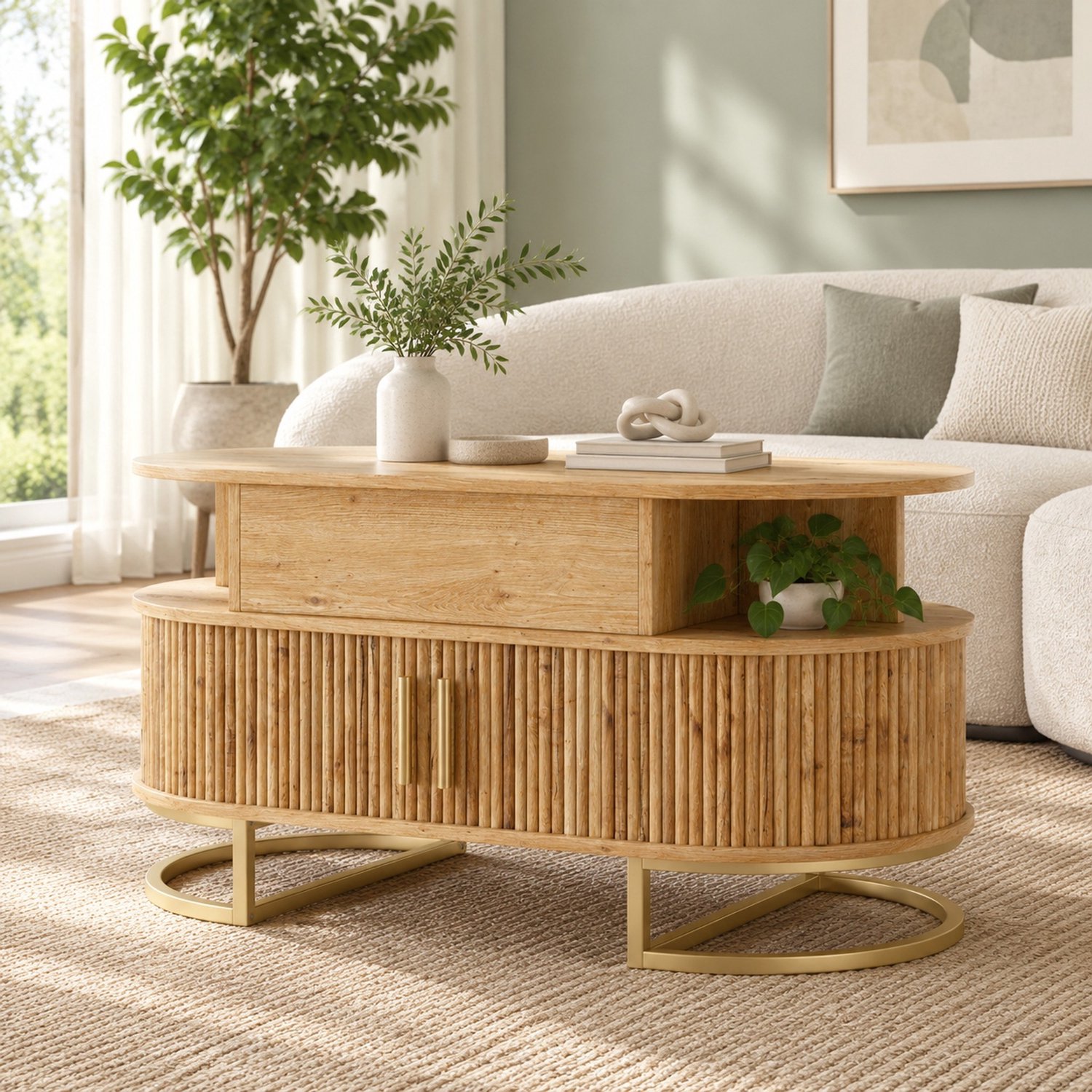 MODENUIT Salontafel - Ovaal Met Hefblad en 2 Schuifdeuren - In de Woonkamer - MDF en Staal - 100 x 50 x 64 cm Naturel