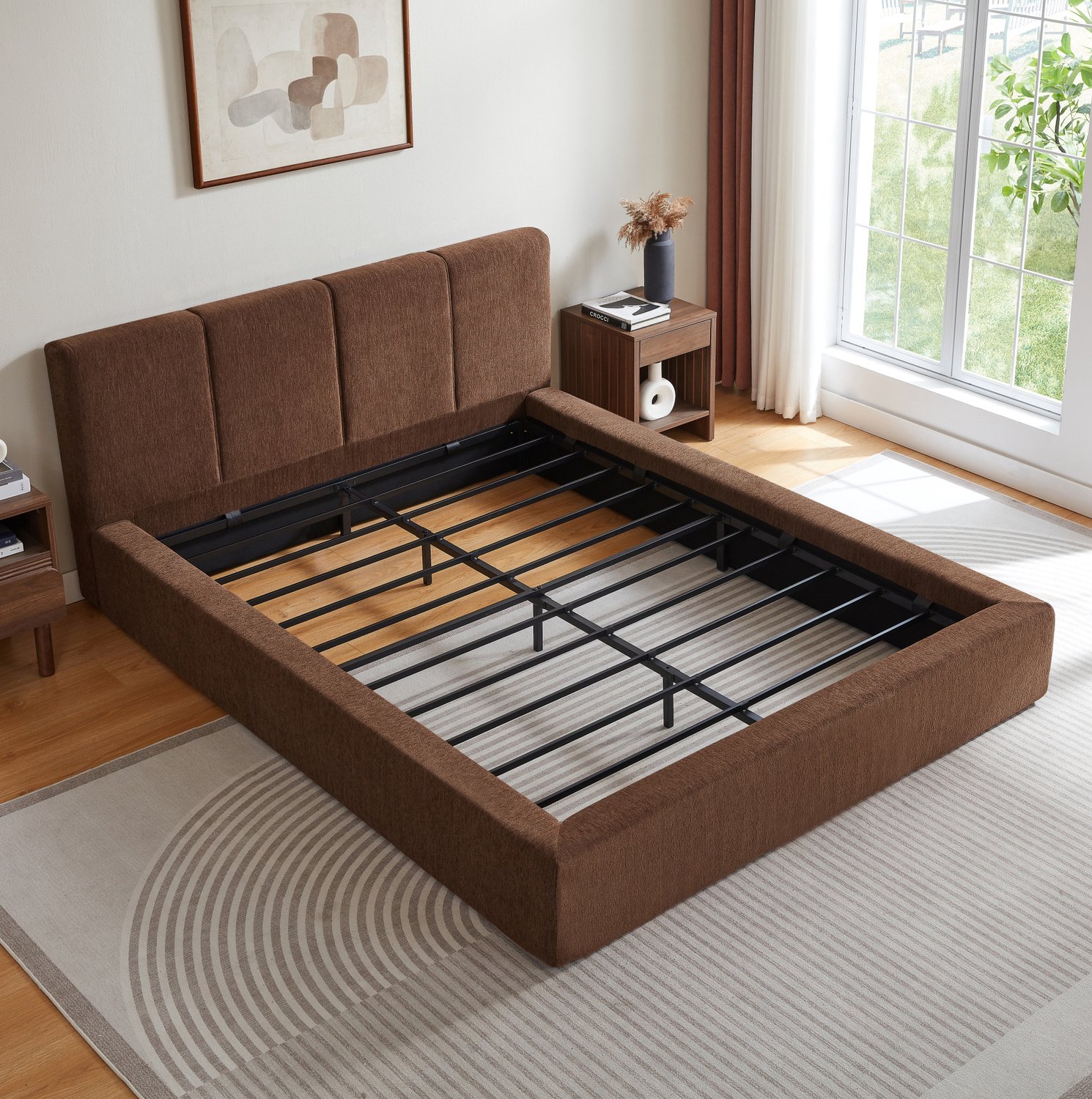 Wishdor Bedframe 140x200 cm - Gestoffeerd hoofdbord en versterkt stalen frame - Met lattenbodem en gelijkmatige matrasondersteuning - Minimalistisch ontwerp - Bruin