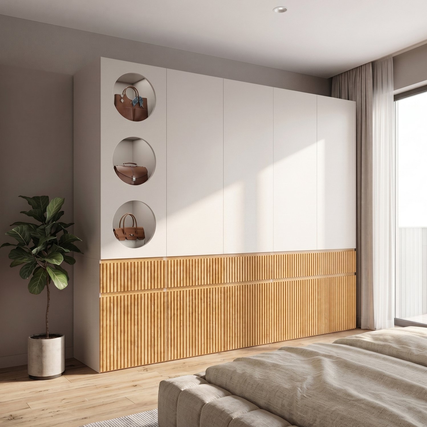 Wishdor Kledingkast met 10 draaideuren - 2 roedes en 3 laden - Kastdeel links of rechts - Geribbelde fronten - Slaapkamer hal - MDF en bewerkt hout - Lichte eikenkleur en grijs - 225 x 50 x 200 cm Licht eiken en grijs