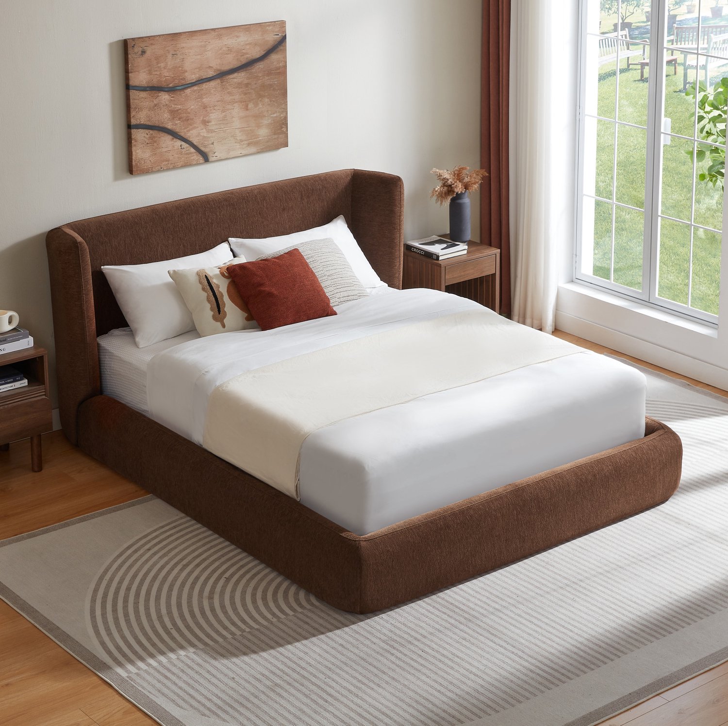 Wishdor Tweepersoonsbed 140x200 cm - Gestoffeerd hoofdbord met stalen frame - Dwarslatten en verstevigde ondersteuning - Minimalistische vormgeving - Slaapkamer - Bruin
