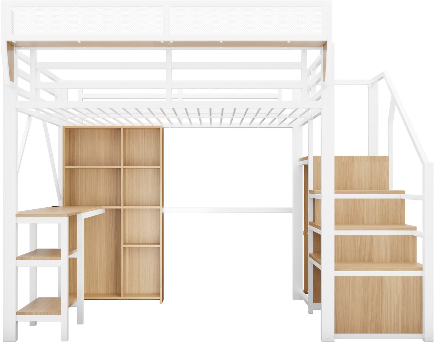 MUVANO Hoogslaper 140x200 met bureau - Opbergtrap en boekenkast - Metaal met houtlook - Ledverlichting en stopcontact - Voor de tienerkamer - Wit