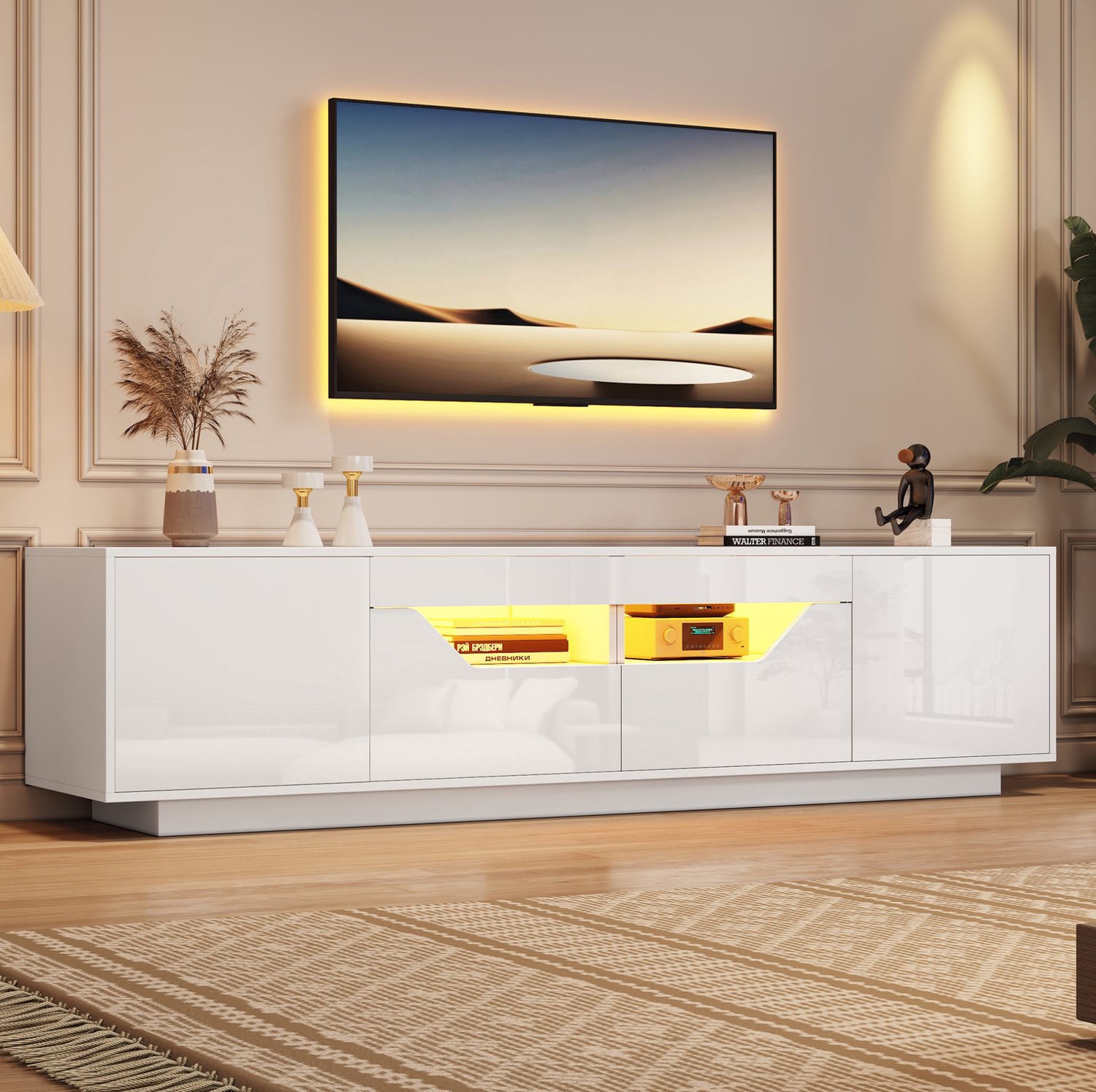 Maisentiel Tv-meubel 180 cm wit hoogglans met ledverlichting, 2 lades en opbergruimte