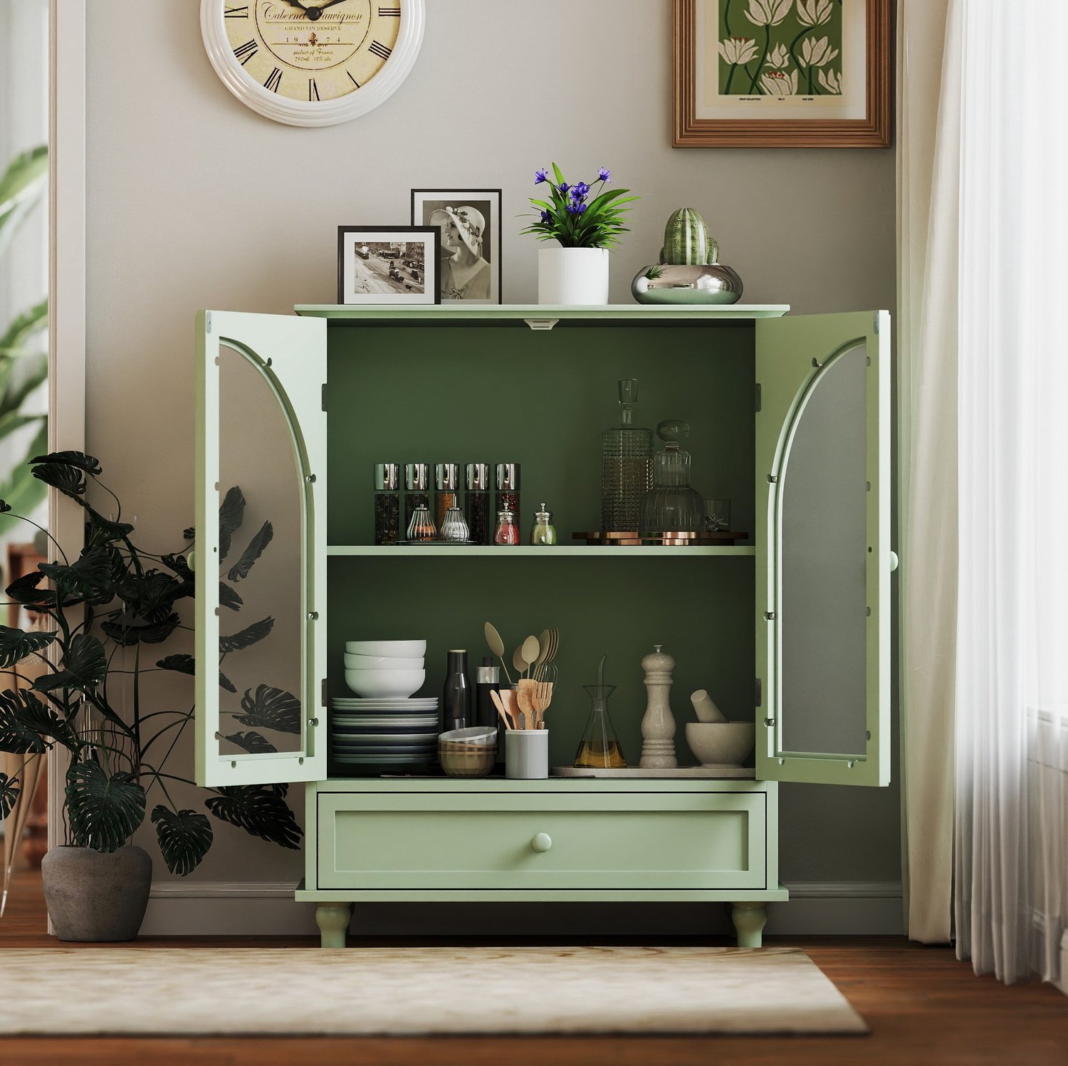 REDOM Buffetkast 71x38x98,5 cm - Gebogen glazen deuren, verstelbare plank en lade - Mintgroen