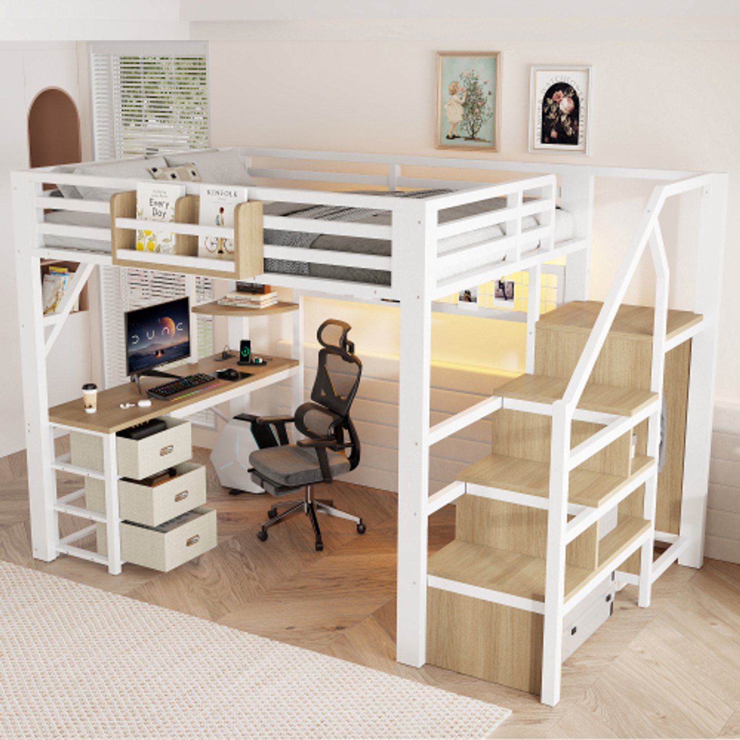 Zubaliya Kinderbed, Tweepersoonsbed, 140x200cm Metalen hoogslaper met bureau, 3 lades, opbergvakken en kledingkast; LED-verlichting; Wit