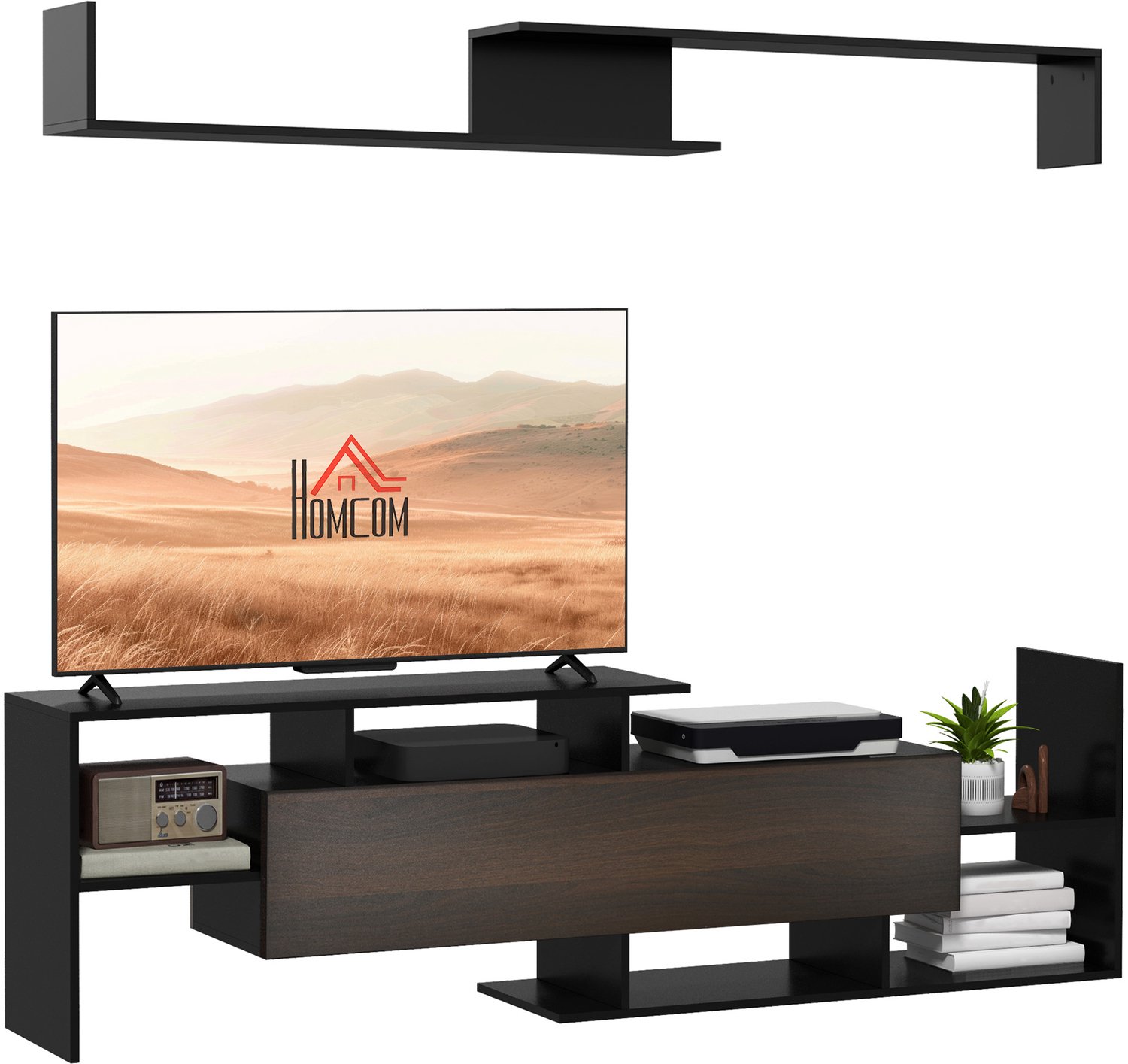 Lunpog TV-meubel-laag kastje- tv-bank- tv-standaard met open vakken en planken- 153.6 x 25 x 42 cm - Zwart en donkerbruin