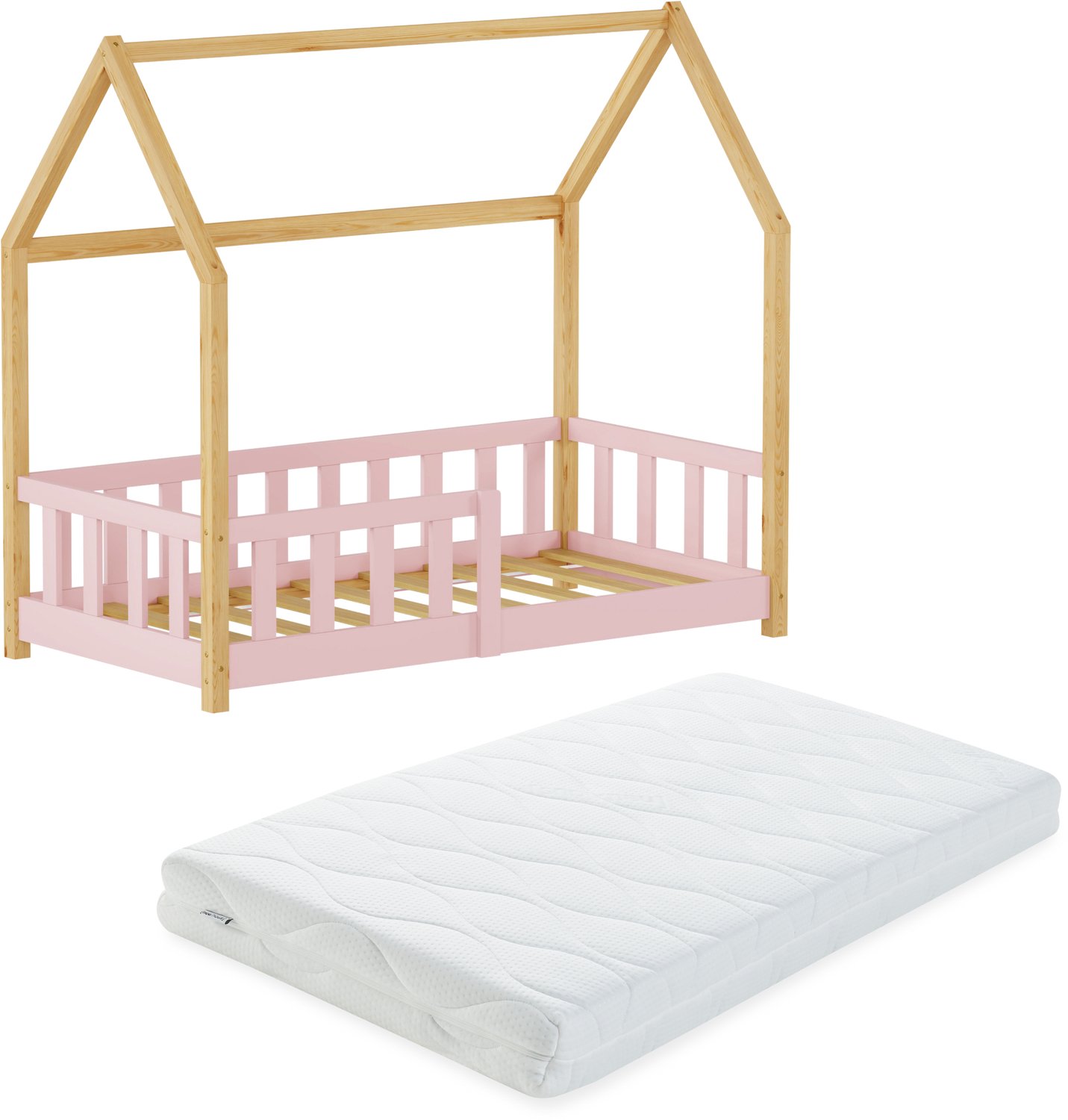 en.casa Montessori bed Hesel met valbeveiliging en matras 70x140 cm roze naturel [en.casa] roze en naturel