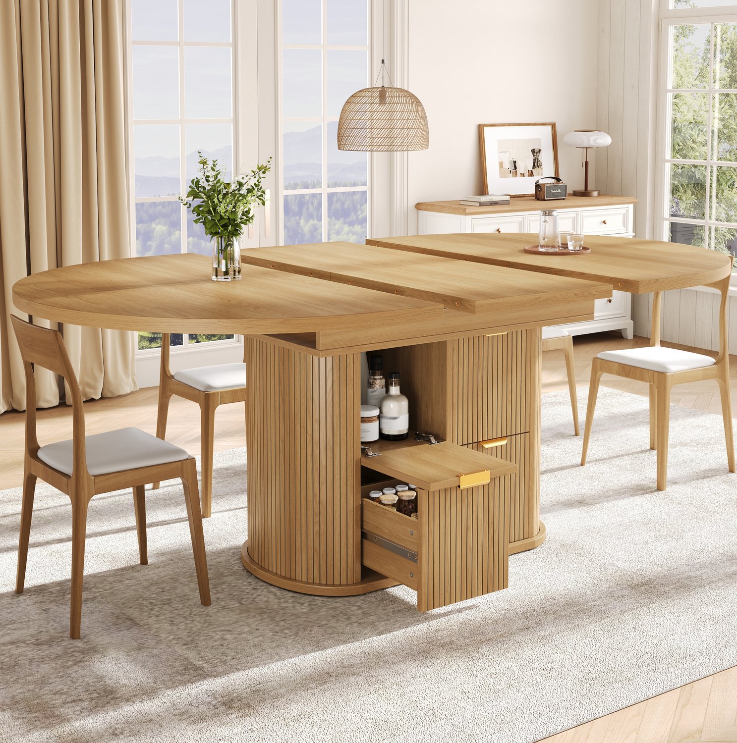 Maisentiel Uitschuifbare ovale eettafel licht eiken – 118-158 x 118 cm – 2 lades