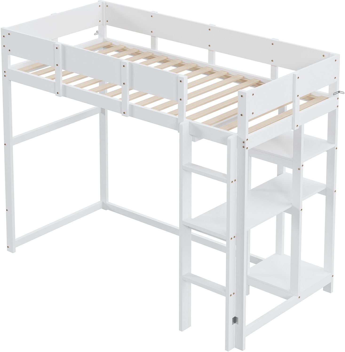 MUVANO Hoogslaper - Bedframe met opbergrek en lattenbodem - Massief grenen - 90 x 200 cm - Uitvalbeveiliging rondom - Voor de kinderkamer - Wit