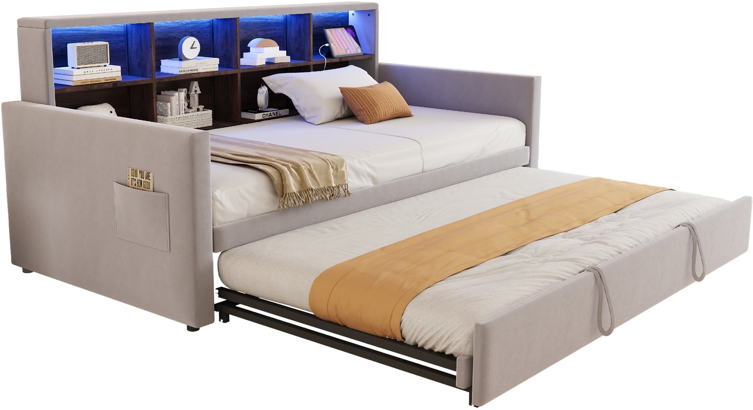 MUVANO Slaapbank met uitschuifbed - Fluweel met opbergvakken - Led, stopcontacten en USB-C - 90 x 190 cm - Voor de logeerkamer - Lichtgrijs