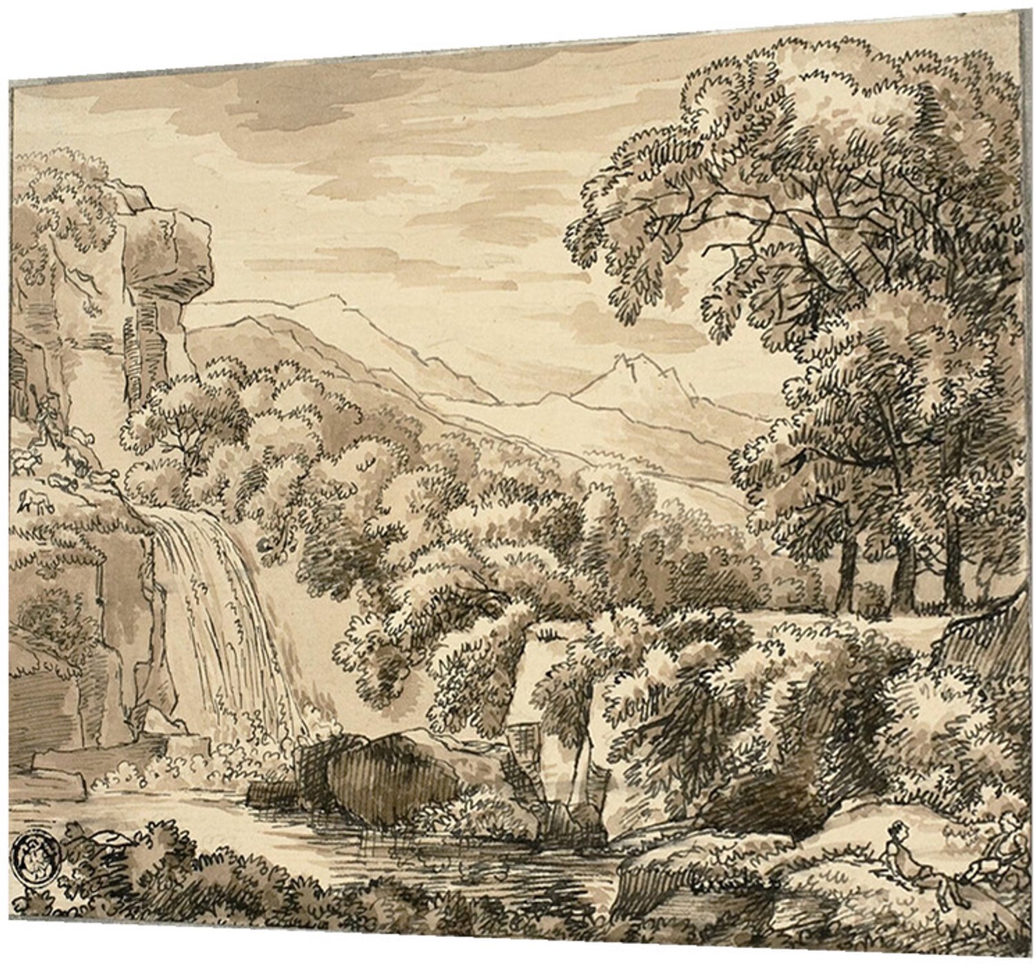 Printen.eu Poster - Mountain Landscape with Waterfall and Figures - 14.8 x 12 cm Multicolor