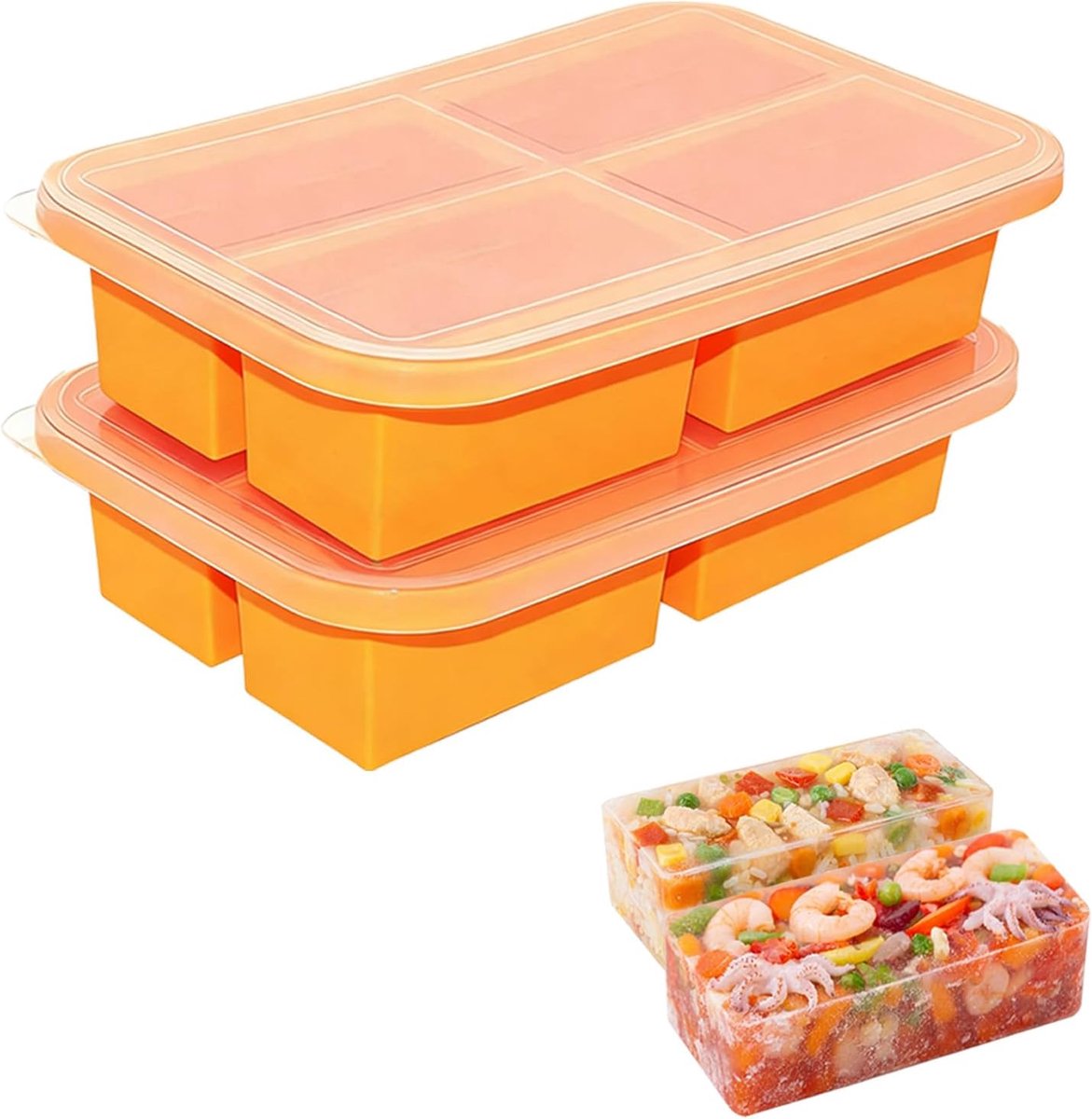 2 stuks soep, invriezen, siliconen vriesplateau met deksel, 4 gaten, voedselcontainer, extra grote ijsblokjesvorm voor soep, bouillon, saus, ijsblokjes, ijsblokjes of boter