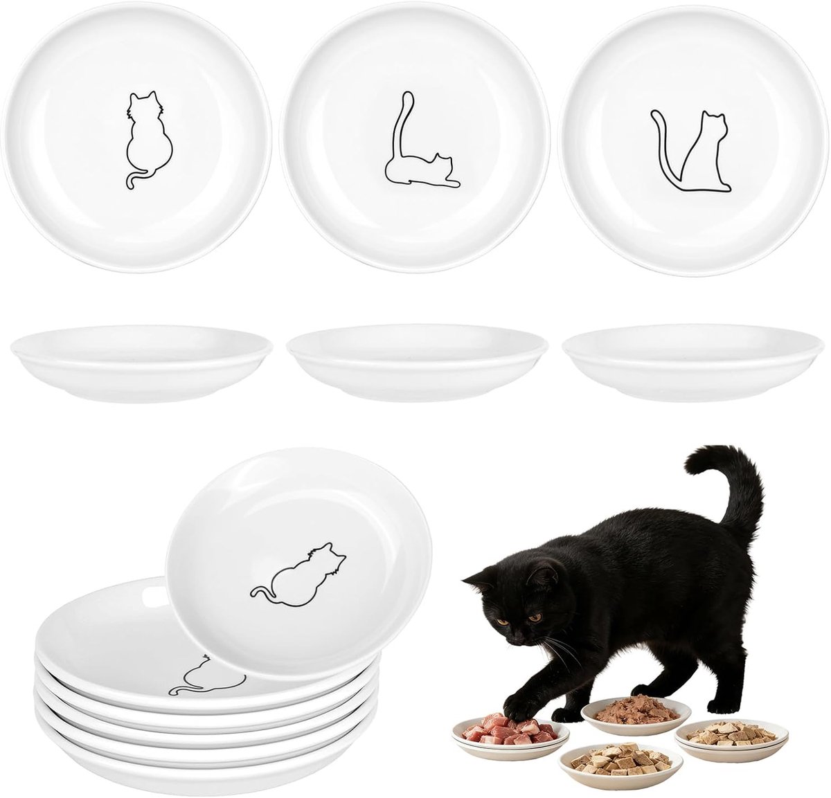 6 stuks kattenbak, plat, keramiek, voederbak kat keramiek (15 x 2,5 cm), kattenbord, voedselbak kat, kattenkomset, kattenkom ter voorkoming van vermoeide snorharen, kattenkom