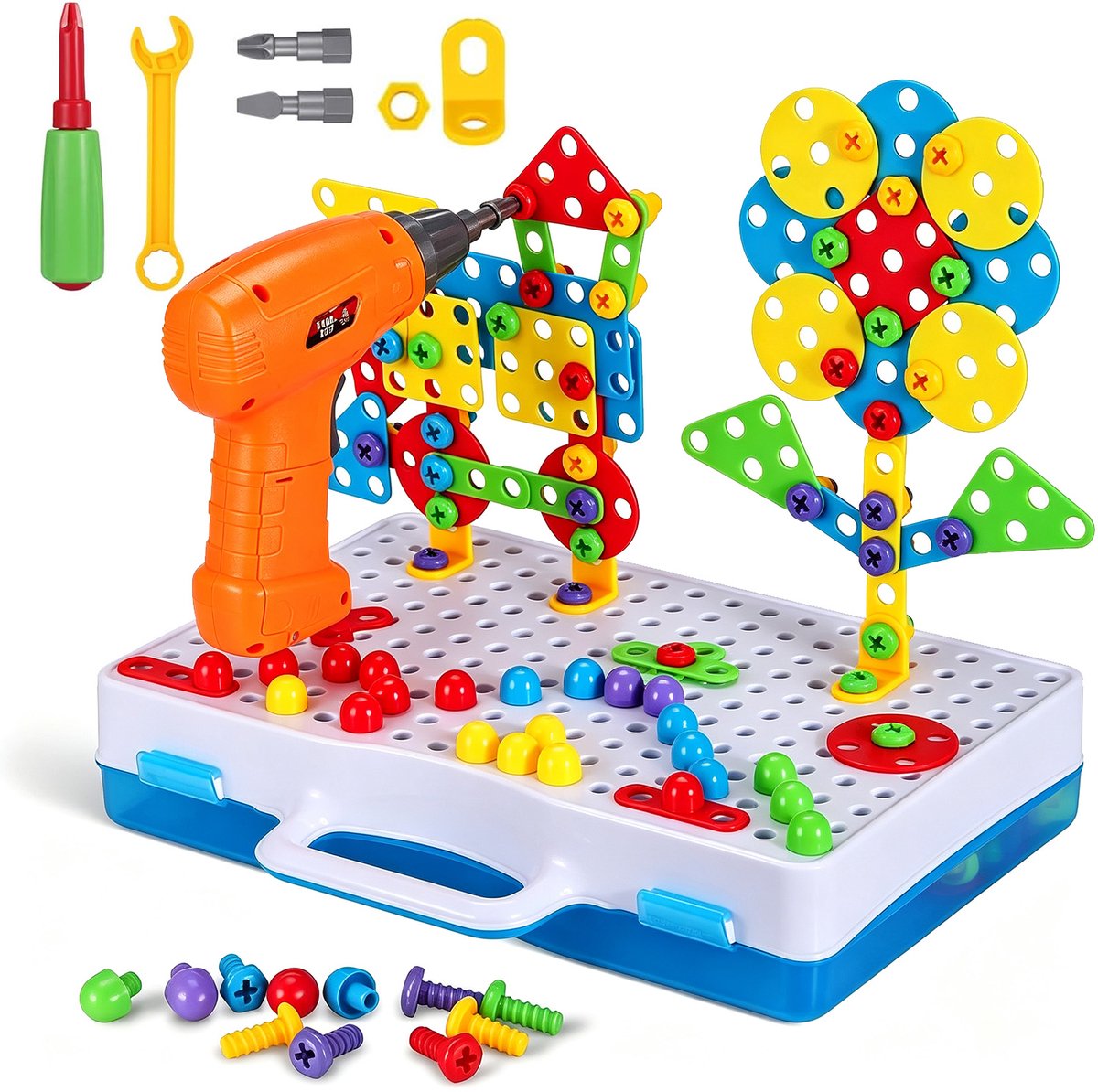 STEM Bouwset Kinderen - Schroefbouwset met Elektrische Kinderboor - 3D Moza茂ek Constructiespeelgoed - 44 Bouwidee毛n - Creatief Bouwen & Fijne Motoriek - Voor Kinderen 3-7 Jaar