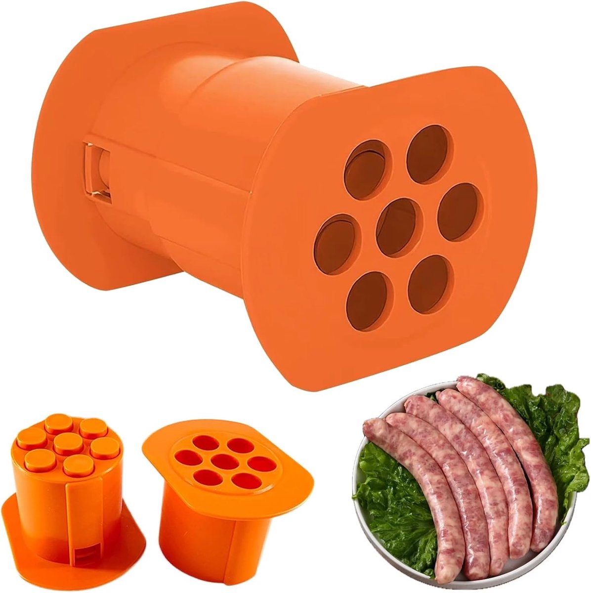 Pers, hot-dogpers, handmatige hot-dog- en worstvormset, 7-gaats hot-dogvorm, doe-het-zelf keukengerei, hot-dog-machine met vleestreepextruder (oranje)