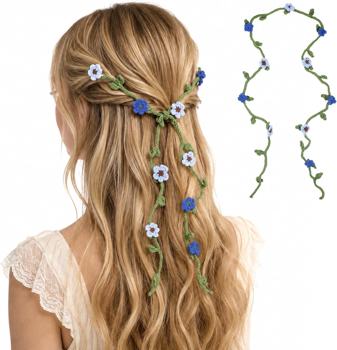 Meisjeshaarband met gehaakte bloemen handgemaakte haarband voor lang haar elegante boho-haaraccessoire voor dames woondecoratie (Blauw)