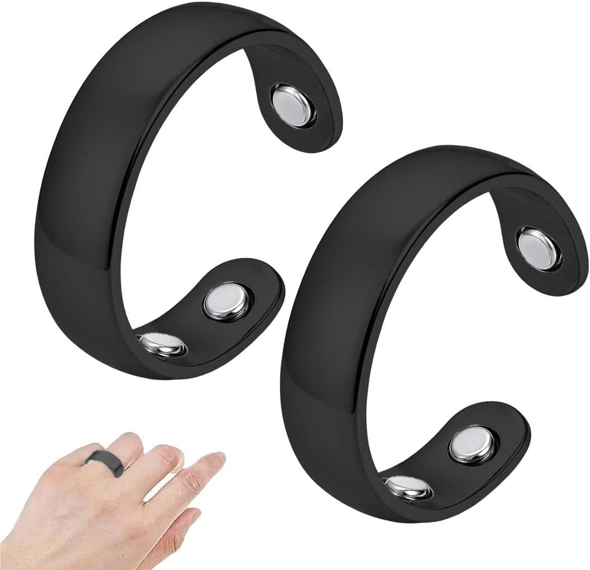 Ring, 2 stuks, magnetisch, voor vrouwen en mannen, puur massief koper 99,99%, verstelbare maat, zwart, met geschenkdoos