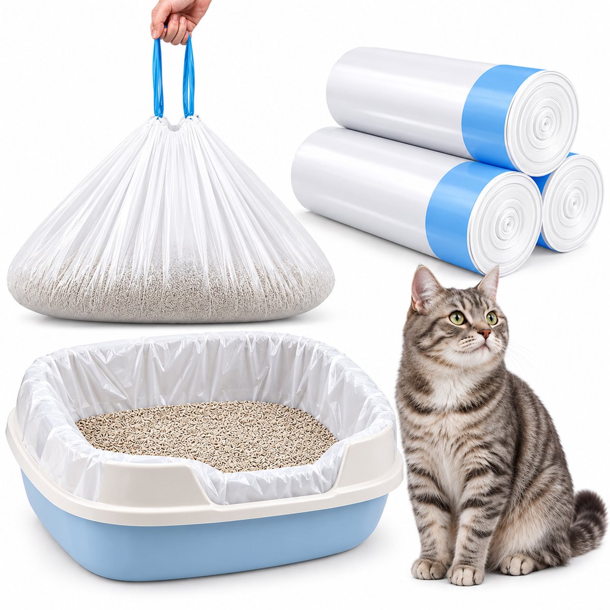 Kaiyaya - 30 stuks kattenbakzakken - extra dik en stevig - 88 x 45 cm - met trekband - scheurvast en lekvrij
