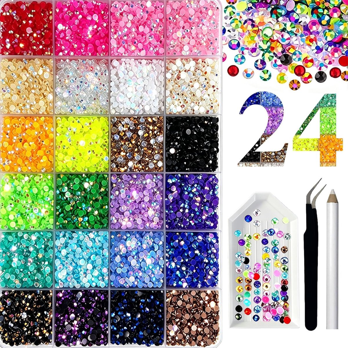 30000 stuks 3 mm strass steentjes om te knutselen, 24 kleuren hars gelei flatback edelstenen, bedazzling kit met pick-up pen en pincet voor doe-het-zelf kleding schoenen nail art decoratie