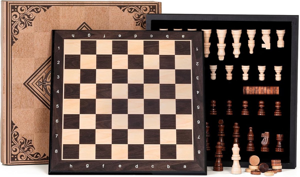 Magnetische schaakset 30 cm klassiek 2-in-1 met schaakstukken, houten borddoos met opbergruimte, 2 extra koninginnen, houten schaakbordspellen voor kinderen en volwassenen, educatief