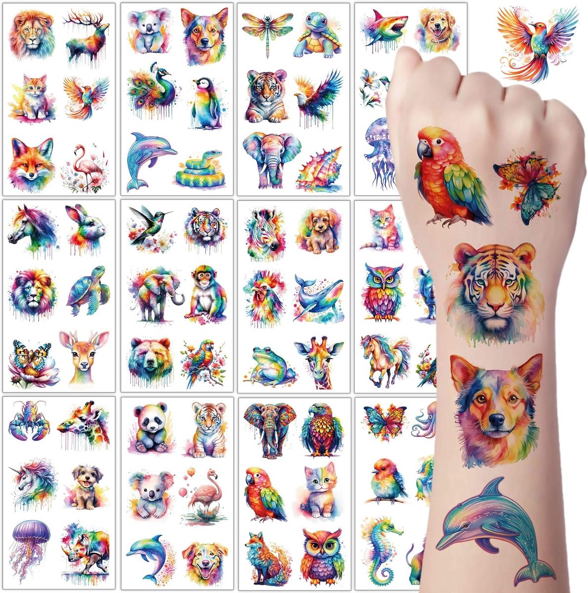 Tijdelijke diertatoeages, 12 vellen aquareltatoeages voor kinderen