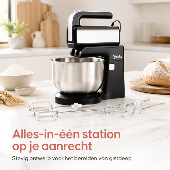 Zwarte Broba mixer met metalen mengkom en accessoires, stevig op het aanrecht.