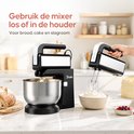 Zwarte Broba mixer met mengkom, losse handmixer en geslagen room, voor brood, cake en slagroom.