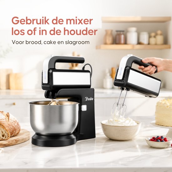 Zwarte Broba mixer met mengkom, losse handmixer en geslagen room, voor brood, cake en slagroom.