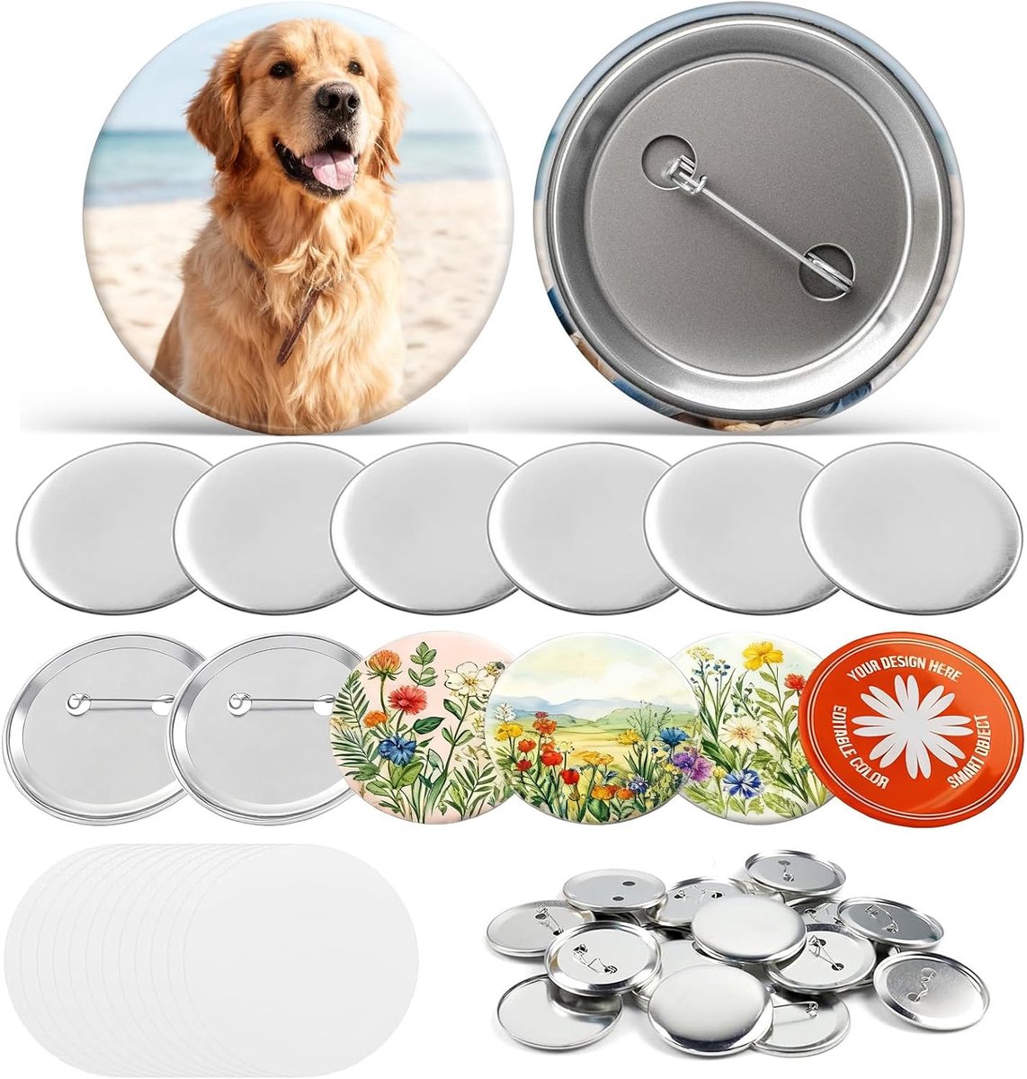 Buttononbewerkte set, 58 mm buttons zelf maken voor buttonmachine, buttons om zelf vorm te geven, doe-het-zelf buttons met veiligheidsspeld knopen, reversspeldjes met achterkant, transparante
