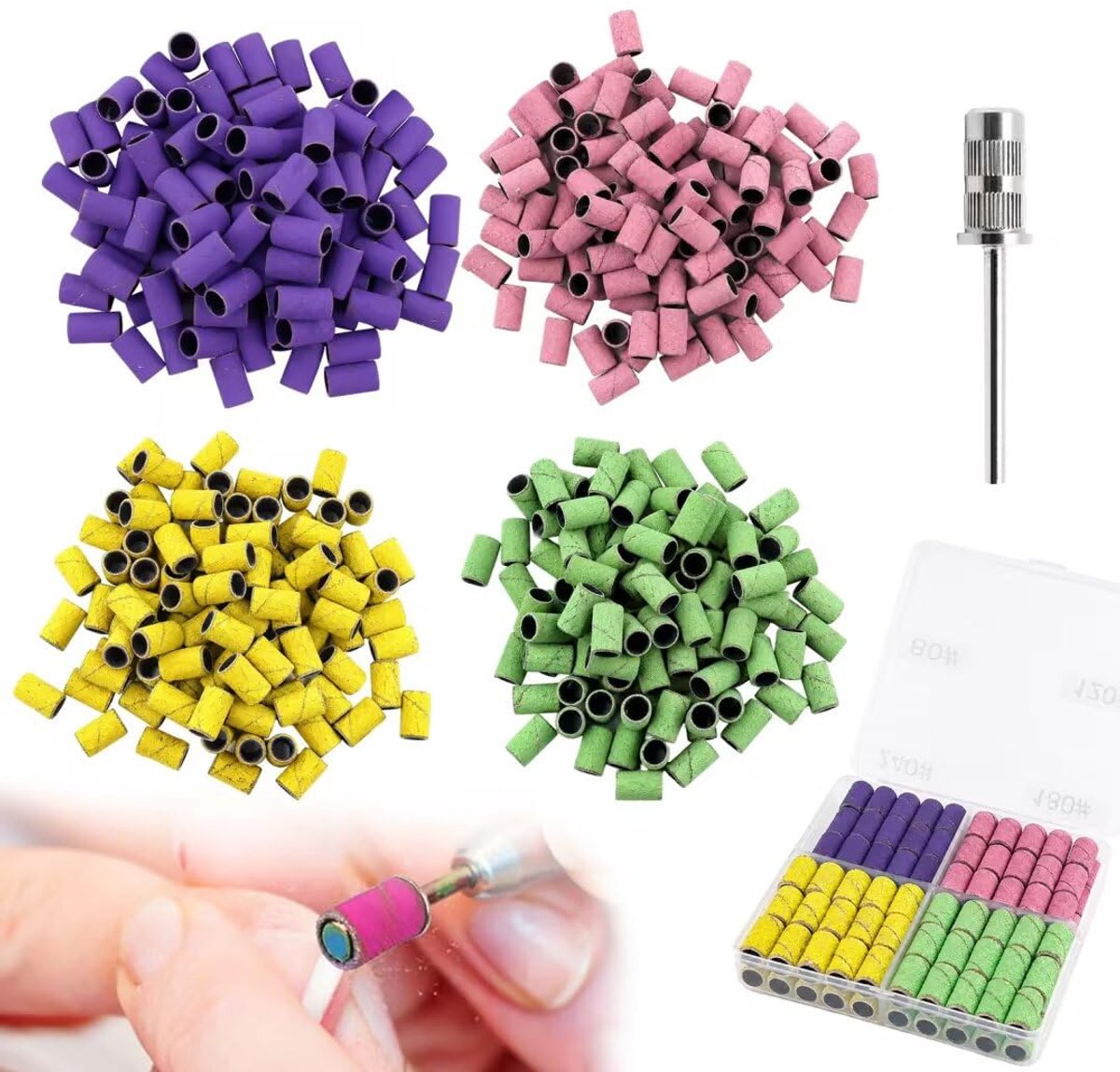 Hulzen, nagelfrees, 4 kleuren gecodeerde schuurdoppen, universele opzetstukken voor elektrische nagelvijl, nail drill, schuurbanden voor manicure, pedicure, gelnagels, natuurlijke