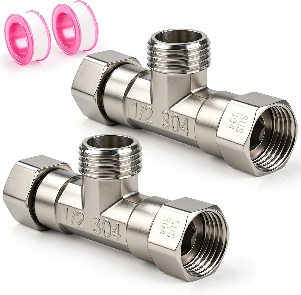 2 stuks 304 roestvrij staal 3-weg links en rechts 2 uiteinden flexibel beweegbaar T-stuk 1/2 inch buitendraad T-vorm aansluiting