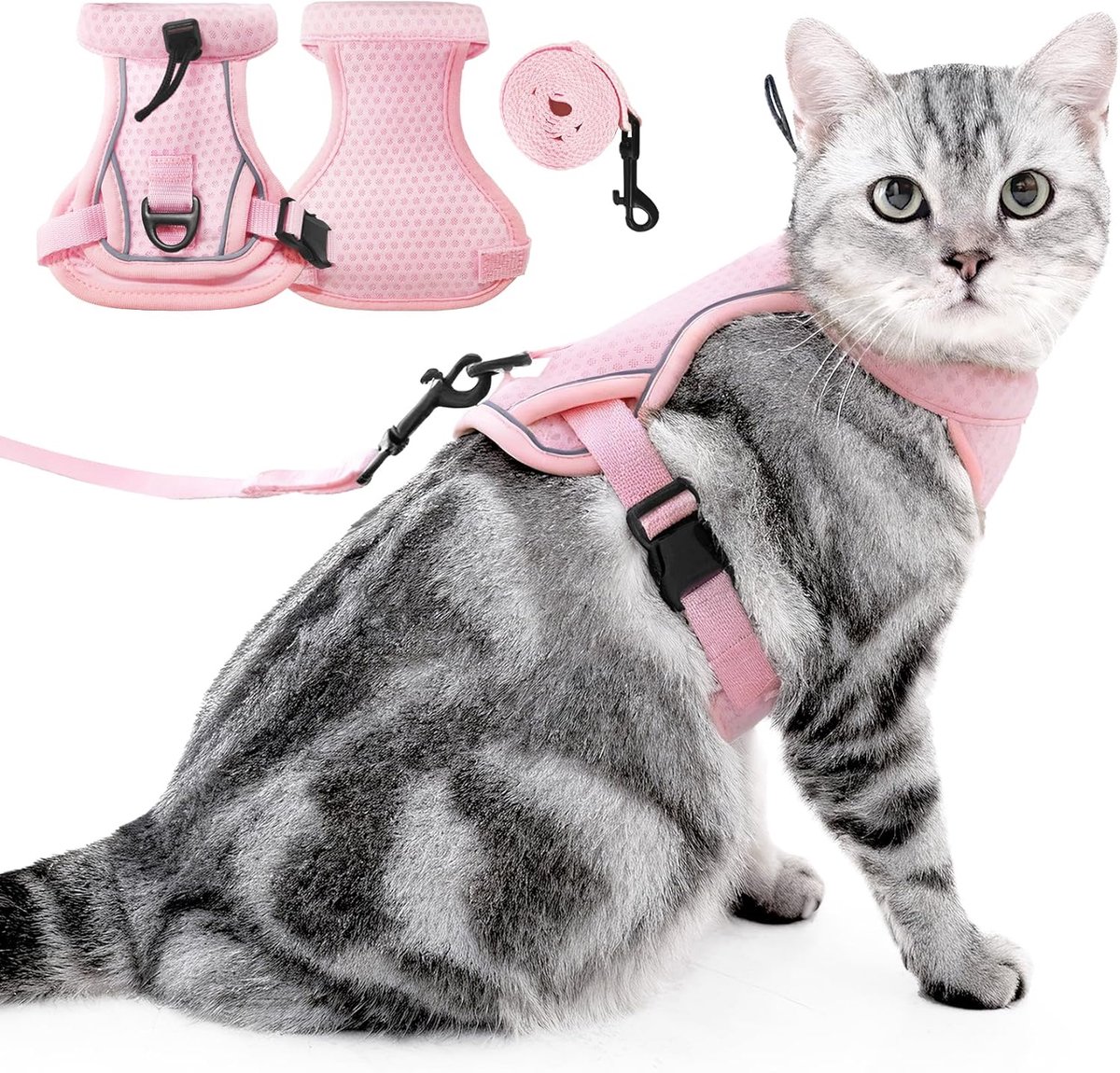 Kattenharnas en Riemset-Ontsnappingsbestendig, Verstelbaar Ademend Tuigje met Reflecterende Strepen, Veilig Lopen, Wandelen voor Kleine Middelgrote Grote Katten reis Kitten Halsband (Roze, L)