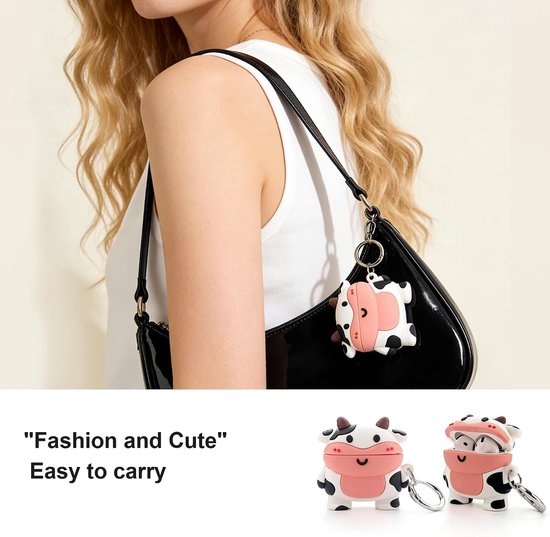Hoesje voor AirPods 4, AirPods 4 koeienhoes, siliconen, cartoon, AirPods 4 generatie, Kawaii 3D koe AirPods 4 hoesje grappig dier beschermhoes met karabijnhaak (AirPods 4) — afbeelding 3