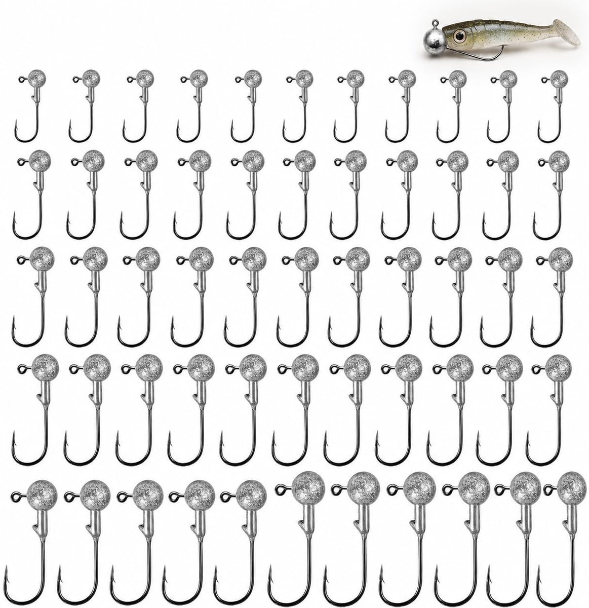 50 stuks, hoogwaardige jighaken, jighead jigkopset voor rubberen vissen, 1 g, 2 g, 3,5 g, 5 g, 7 g, 10 g, jigkoppen voor baars, snoek, snoek, visaccessoires, zomer, zilver