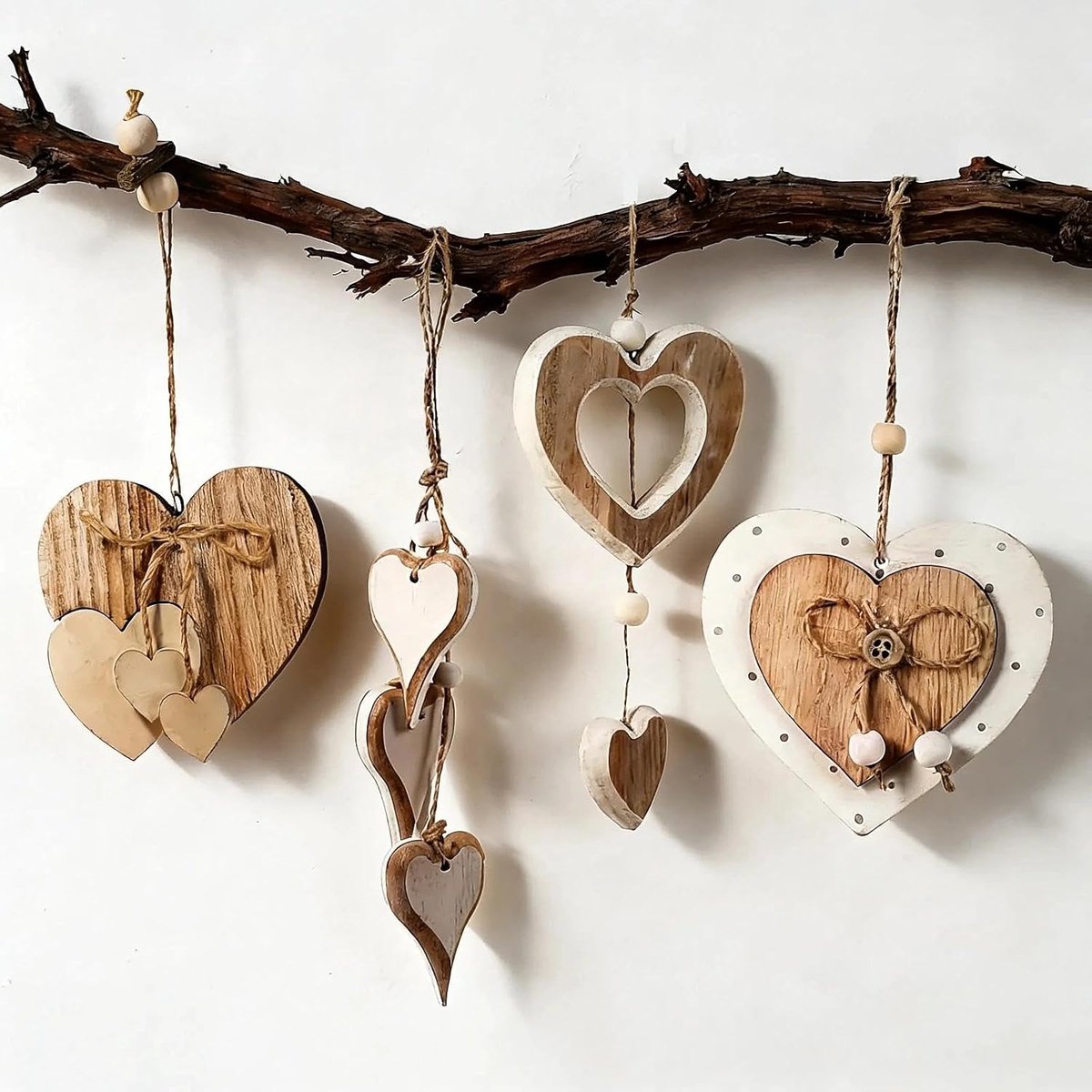 4 stuks houten decoratieve harten om op te hangen, raamdecoratie met band, hangende houten hangers voor ramen, hal, slaapkamer en woonkamer, decoratie voor bruiloft