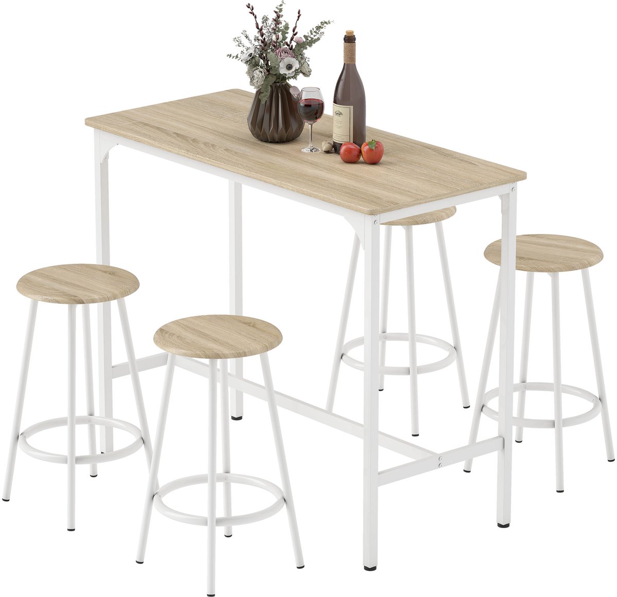 Hoge tafel met 4 krukken en voetensteunen - moderne stijl - metalen frame met natuurlijke houtlook.