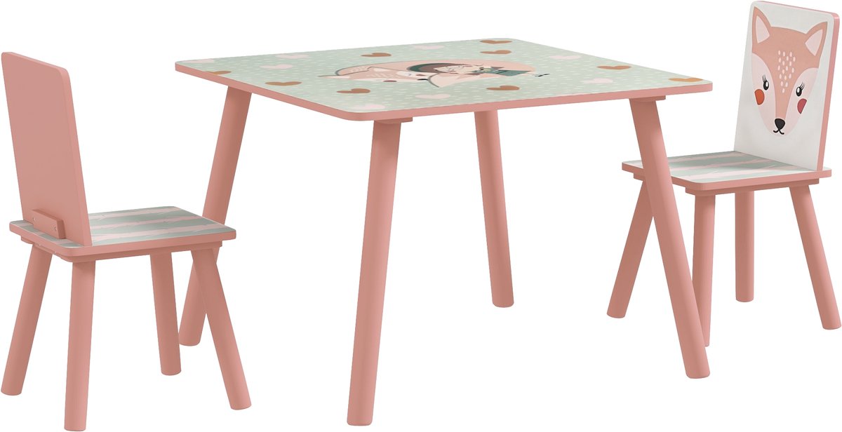 Kindertafel en -stoelenset - kindertafel met 2 stoelen - dierenprint voor de slaapkamer - roze