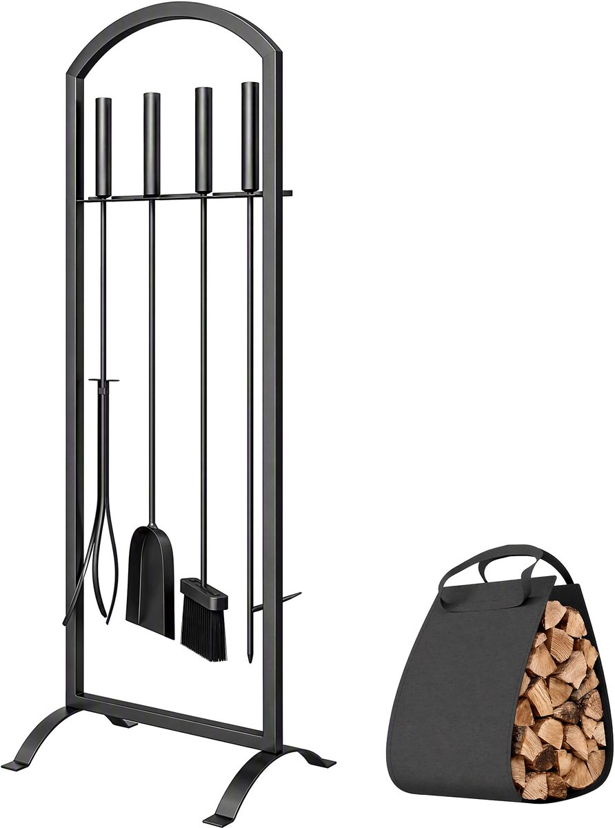 6-delige openhaardset - Haardset met houttas - Haardgereedschap voor binnen en buiten - 30x22x86 cm - As opruimen - Voor openhaard Zwart