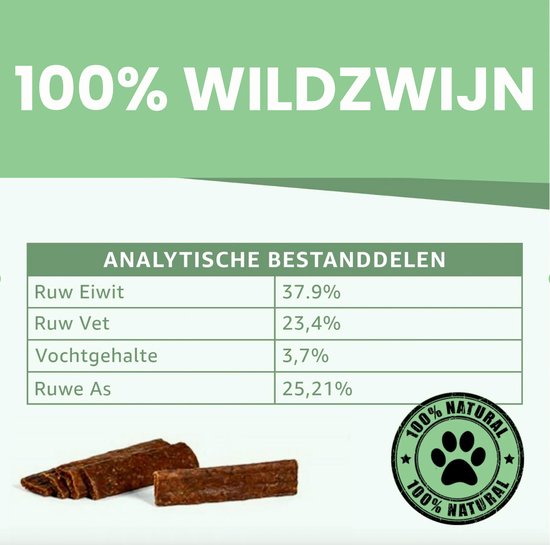 100% wildzwijn strips hondenvoer. Analyse: Ruw Eiwit 37.9%, Ruw Vet 23.4%, Vochtgehalte 3.7%, Ruwe As 25.21%.
