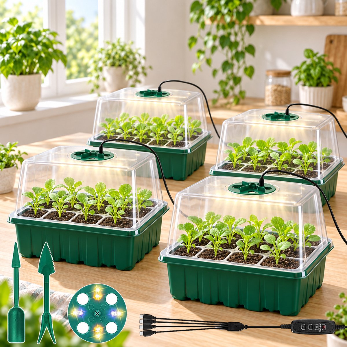 Rosnek 4 Stuks Kweekbakken met Groeilamp - Zaaibakken voor Zaailingen - Dimbare Mini Kweekkas met 4/8/12/18 Uur Timer - Full Spectrum LED Kweekset met Vochtigheidsdeksel - Donkergroen